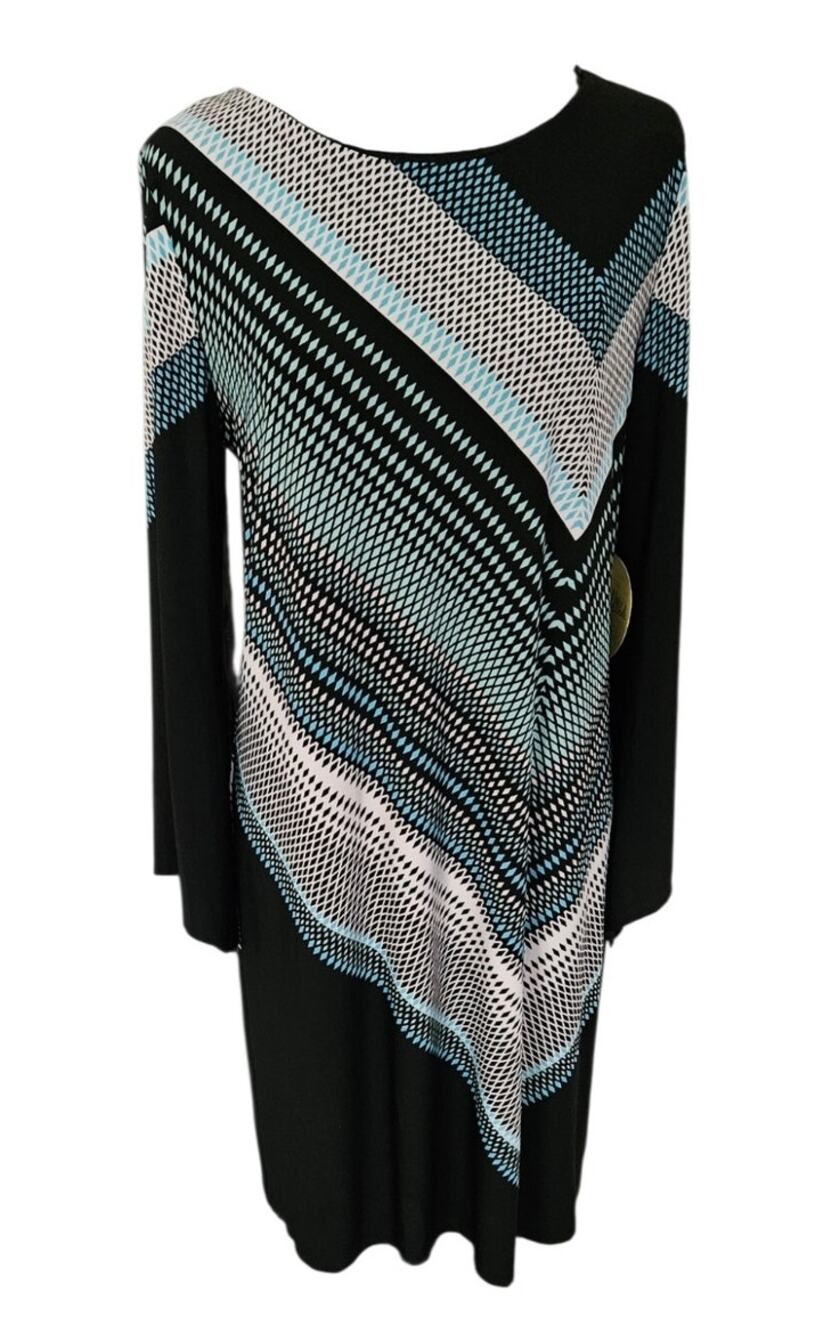 Emma & Michele Black Teal Geometric Print Long Sleeve Dress Size PL